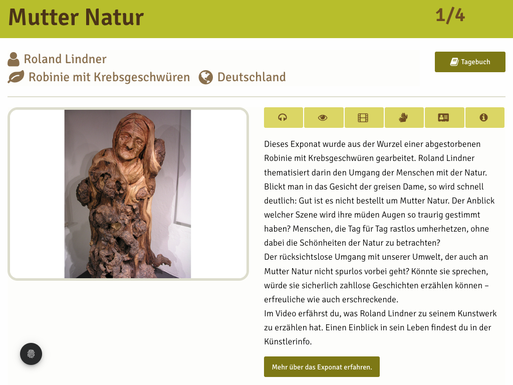 Seitenansicht der Testausstellun, links ein Bild des Exponates, rechts daneben ein Beschreibungstext und Buttons zur verschiedenen Informationsquellen wie Videos und Audios